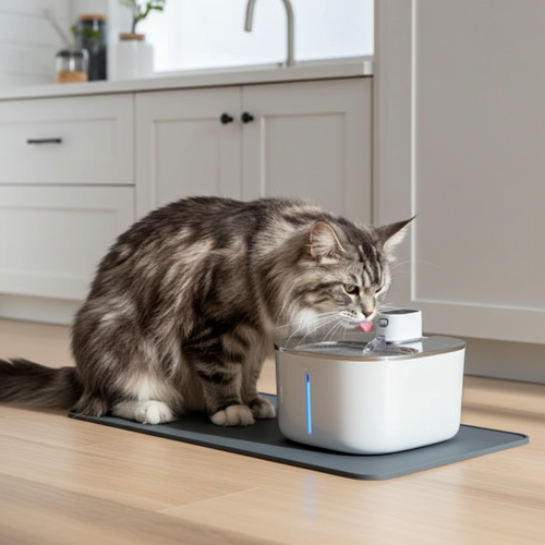 Fluffy grey cat drinking from the UnpluggedPaws wireless stainless steel pet fountain on a grey silicone mat in a modern kitchen.