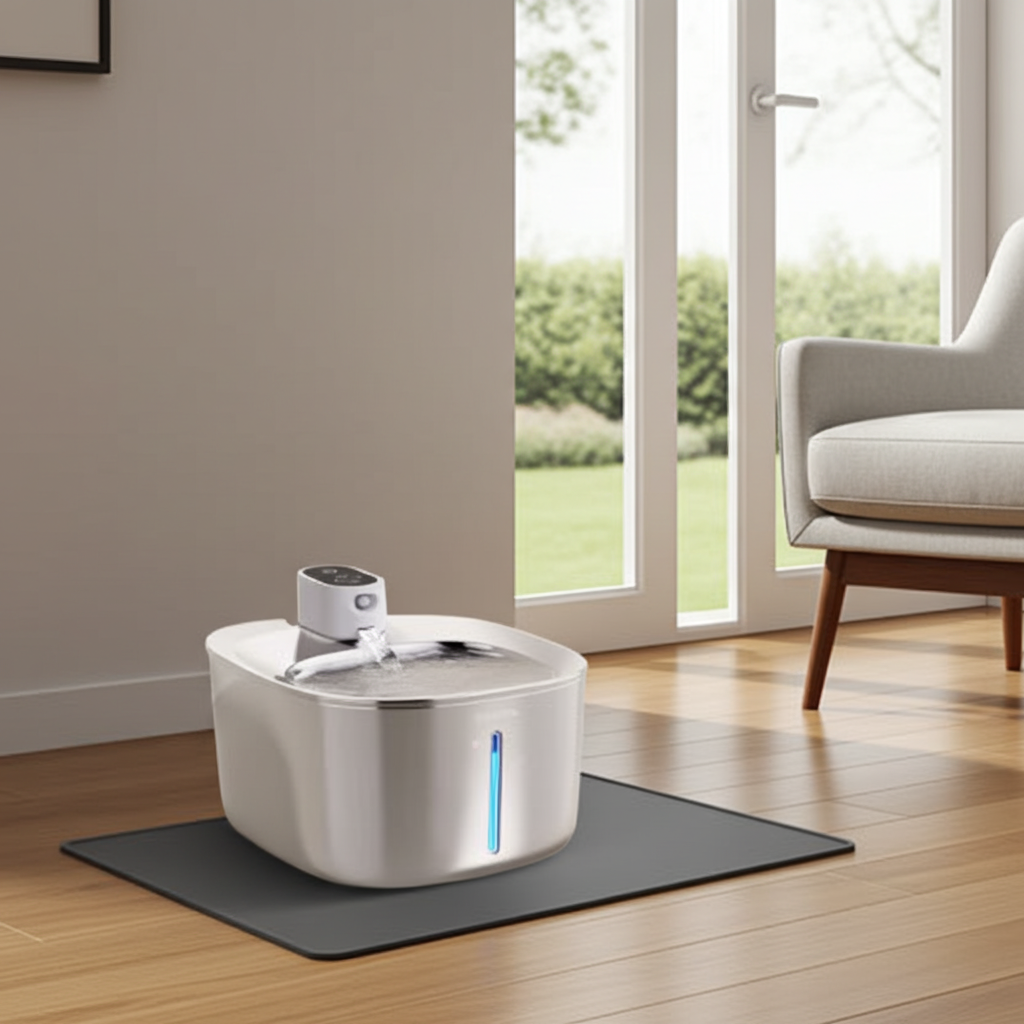 UnpluggedPaws wireless stainless steel pet fountain resting on a grey silicone mat in a bright modern living room.