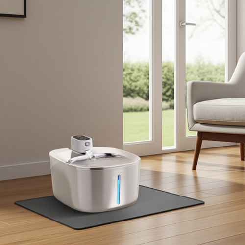 UnpluggedPaws wireless stainless steel pet fountain resting on a grey silicone mat in a bright modern living room.