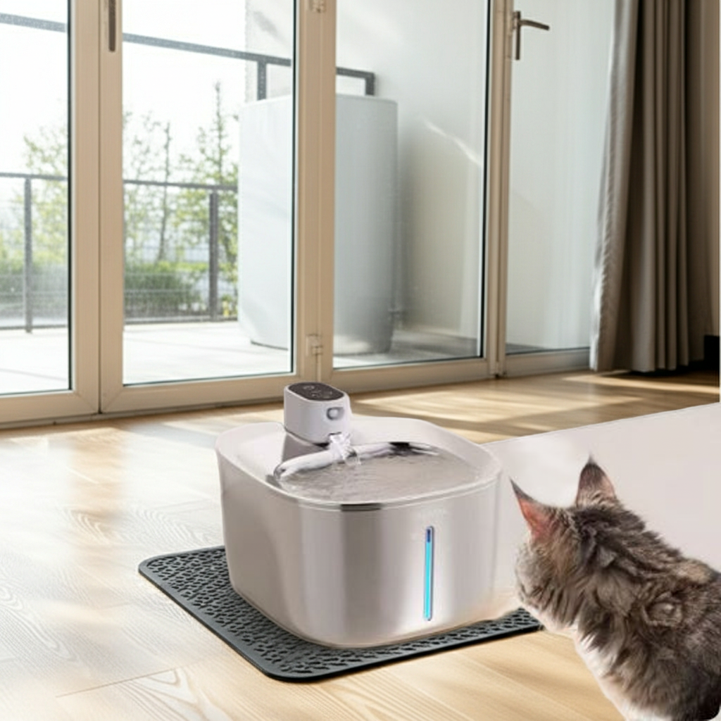 Grey cat looking at the UnpluggedPaws wireless stainless steel pet fountain resting on a textured black mat in front of a sunny glass door.