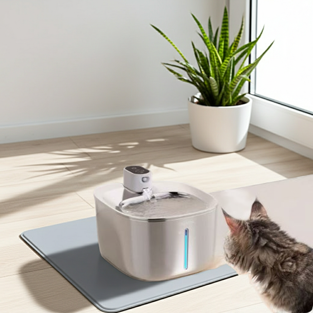 Grey cat looking at the UnpluggedPaws wireless stainless steel pet fountain resting on a grey silicone mat next to a potted plant near a sunny window.