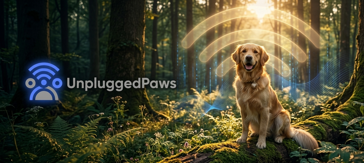 A golden retriever sits on a mossy log in a lush, sunlit forest, surrounded by glowing, translucent digital data streams and Wi-Fi waves. The 'UnpluggedPaws' logo is overlaid on the left side of the image.