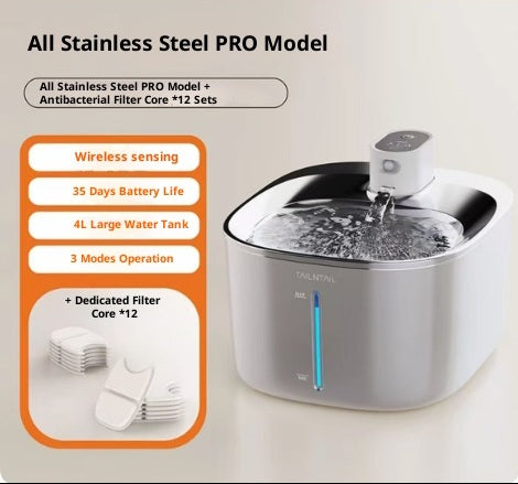 Stainless steel pet fountain bundle including the wireless PRO model and twelve antibacterial replacement filter cores.