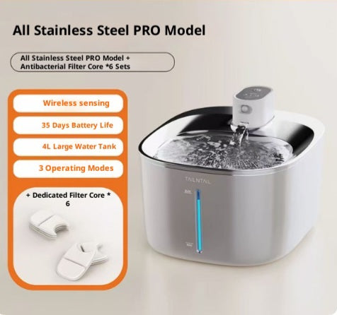 Stainless steel pet fountain bundle including the wireless PRO model and six antibacterial replacement filter cores.
