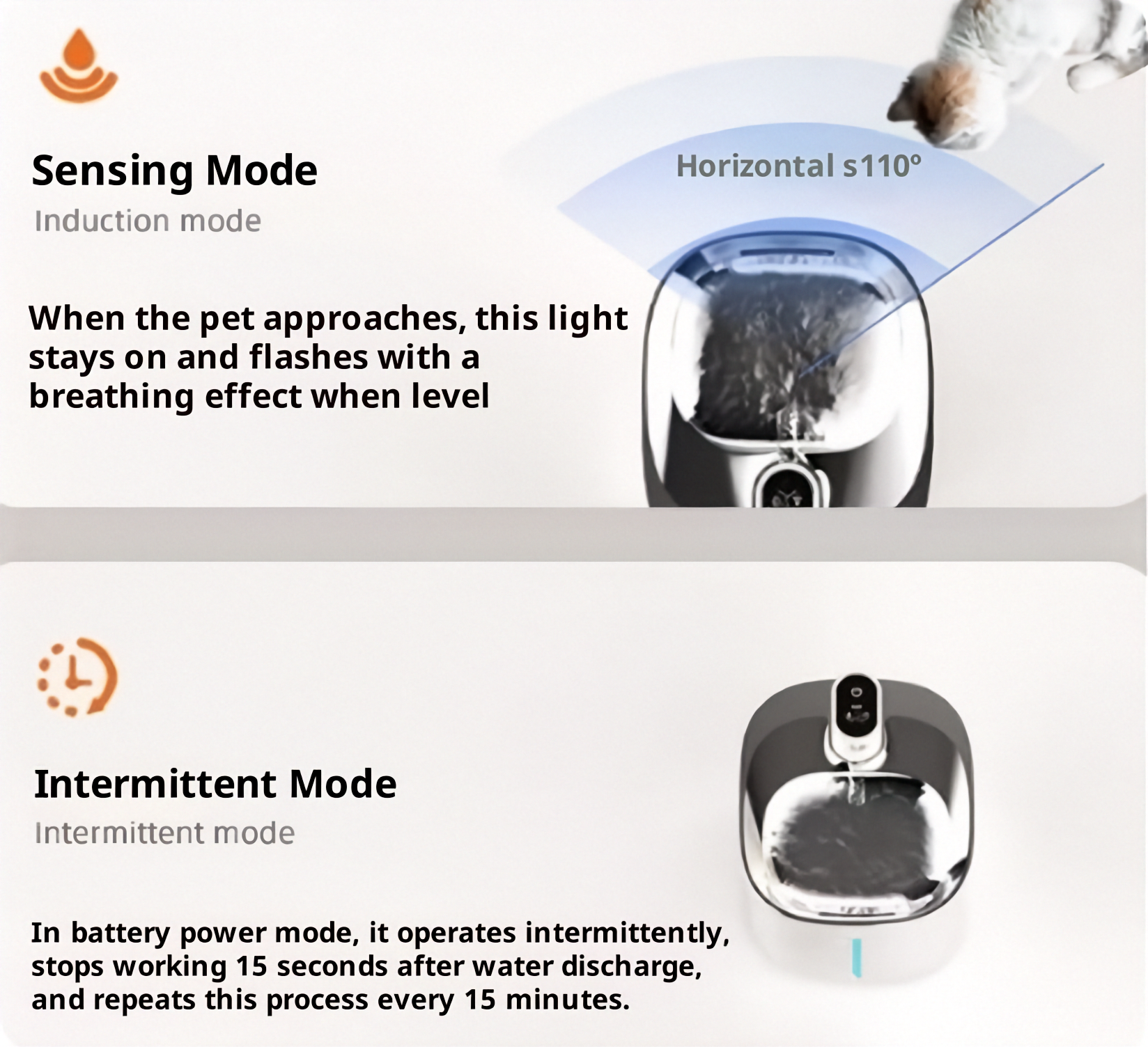 Infographic showing Sensing Mode with motion detection and Intermittent Mode for the wireless pet fountain.